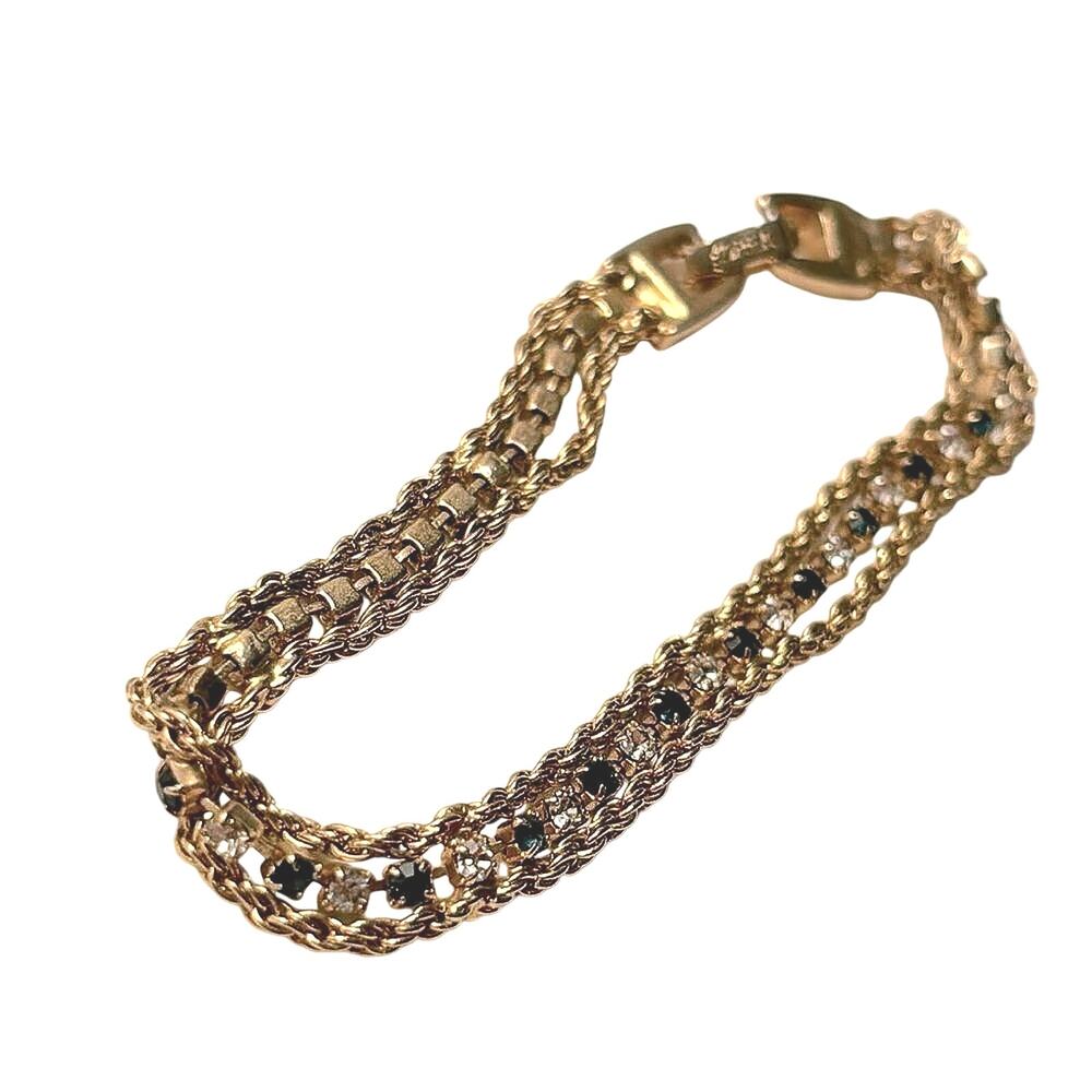 Vintage Gold Tone Blue Clear Rhinestone Chain Bracelet Korea 7” Glam